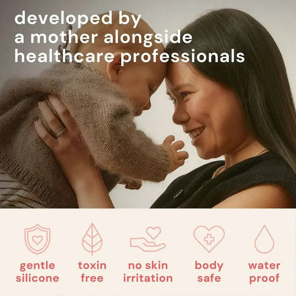 Mother holding baby with text highlighting Kegel balls made with gentle silicone, toxin-free, no skin irritation, body safe, and waterproof features