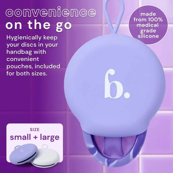 Purple Bodyotics Comfydisc menstrual disc pouch made from 100% medical-grade silicone with small and large reusable discs inside for convenient, hygienic period care on the go