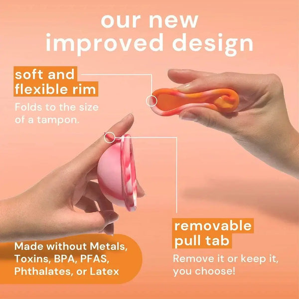 Bodyotics reusable menstrual disc showing soft flexible rim, removable pull tab, and metal-free medical-grade silicone design