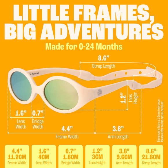 Peach Flexible Polarized Baby Sunglasses With Strap 0-24 Months - Oval dimensions infographic