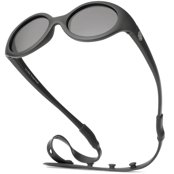 Black Flexible Polarized Baby Sunglasses With Strap 0-24 Months - Oval with a soft strap and UV protection.