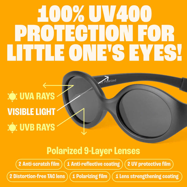 Black Flexible Polarized Baby Sunglasses With Strap 0-24 Months - Oval featuring 100% UV400 protection and 9-layer polarized lenses