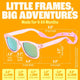 Transparent Pink Polarized Baby Sunglasses with Strap 0-24 Months dimensions and features infographic.