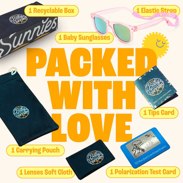 Transparent Pink Polarized Baby Sunglasses with Strap 0-24 Months packed with accessories and love.