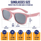 Pink polarized baby sunglasses with strap, UV400 protection, flexible frame, eco-friendly design.