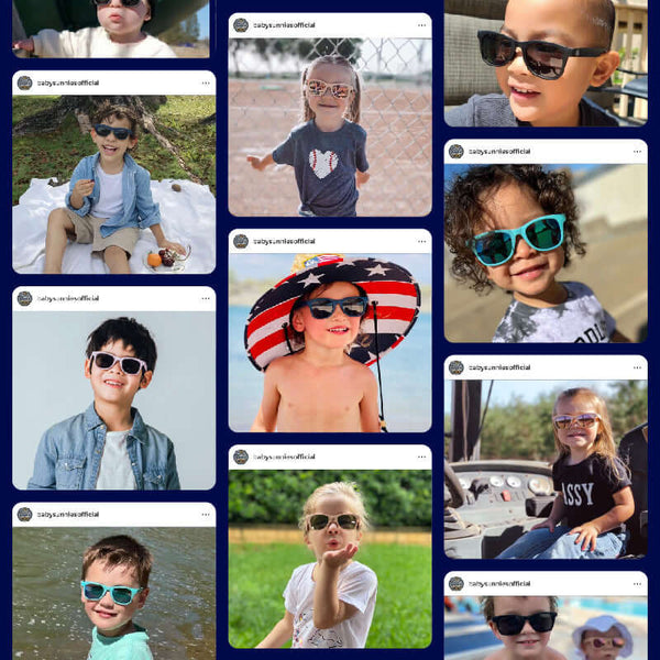 Kids posing with sunglasses in outdoor settings, showcasing different models of polarized and UV-protective eyewear for toddlers.
