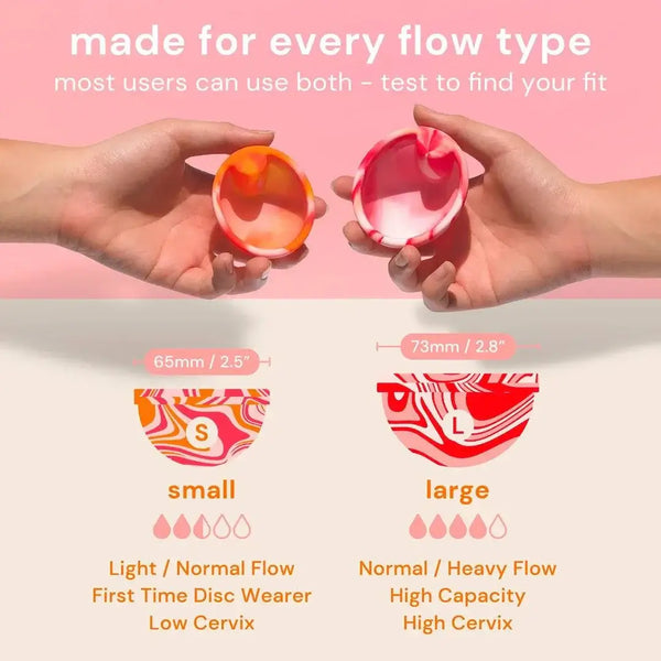 Bodyotics reusable menstrual discs in small and large sizes for light to heavy flow, made of medical-grade silicone.