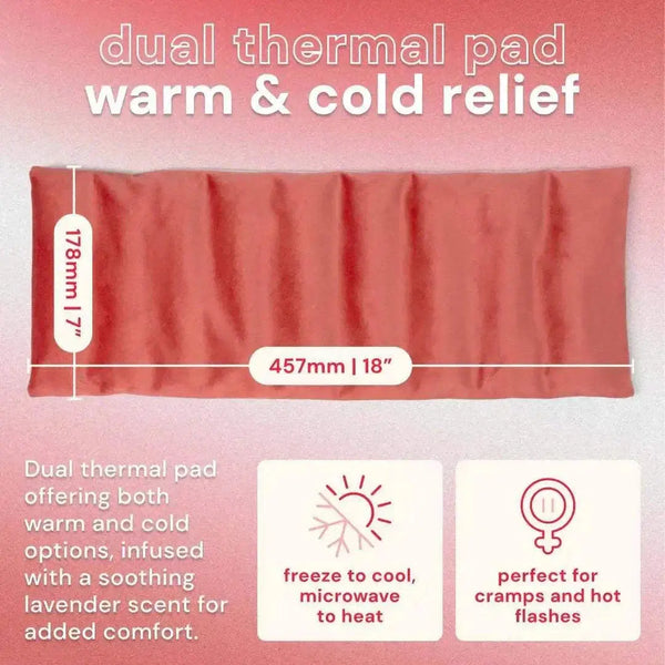 Bodyotics ComfyCuddle dual thermal heating pad for cramps with warm and cold relief, lavender-infused flax filling, flexible 18x7 inch design for targeted comfort.