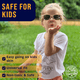 Kids wearing polarized pink sunglasses outdoors, safe and eco-friendly.
