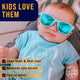 White polarized kids sunglasses, UV400 protection, BPA-free, shatterproof, adjustable strap for ages 3-8, eco-friendly.