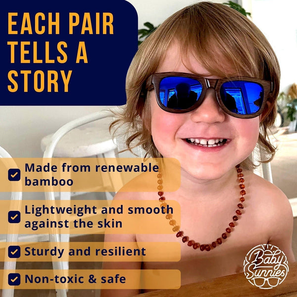Bamboo polarized baby sunglasses for kids aged 3-8 providing UV protection and stylish design.