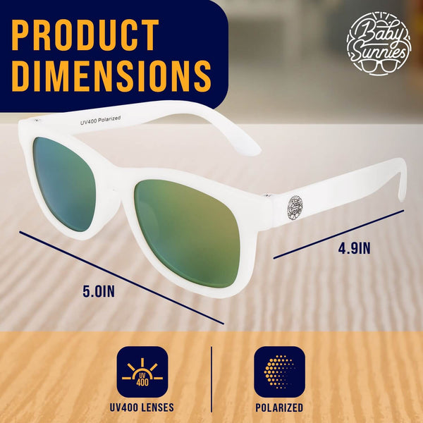 White polarized baby sunglasses for ages 3-8, featuring UV400 protection; durable, eco-friendly materials.